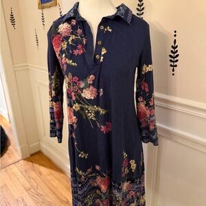 Johnny Was Navy Floral Long Sleeve Dress